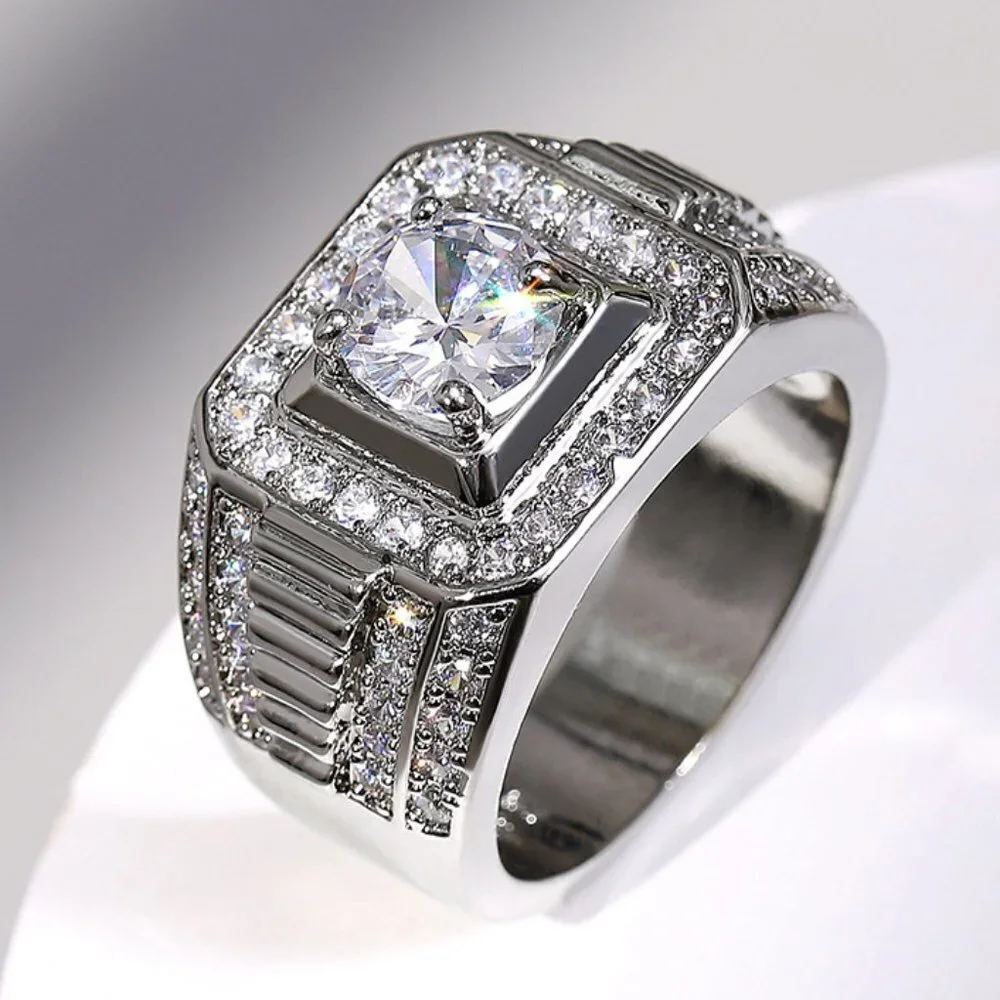 🎀 Fever Square Glitter Zircon Silver Chunky Wedding Rings for Man, PD663